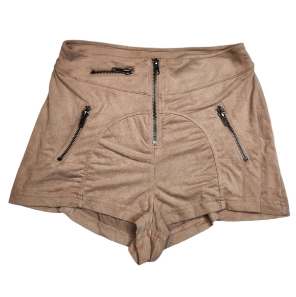 DIVIDED Shorts Womens 4 Faux Suade High Rise with Zippers Tan - Picture 1 of 6